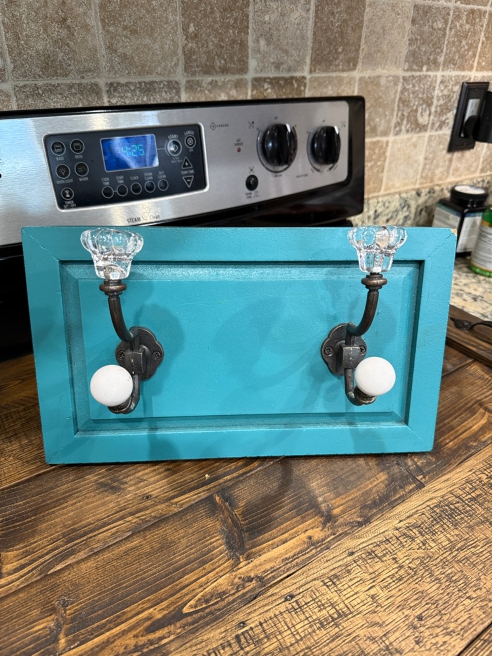 Turquoise Wall Hook Rack with Glass and Porcelain Knobs